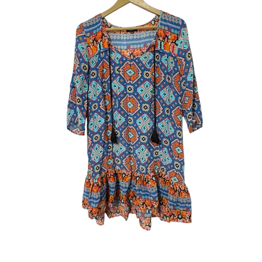 Tolani Small Silk Orange Blue Geometric Pattern Ruffle Hem Dress Hippie Boho